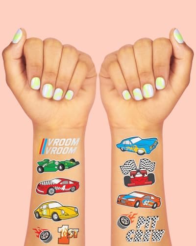 xo, Fetti Race Car Party Supplies Temporary Tattoos - 46 Foil Styles | Racecar Birthday, Pit Crew, Checkered Flags, Vroom, Wheels
