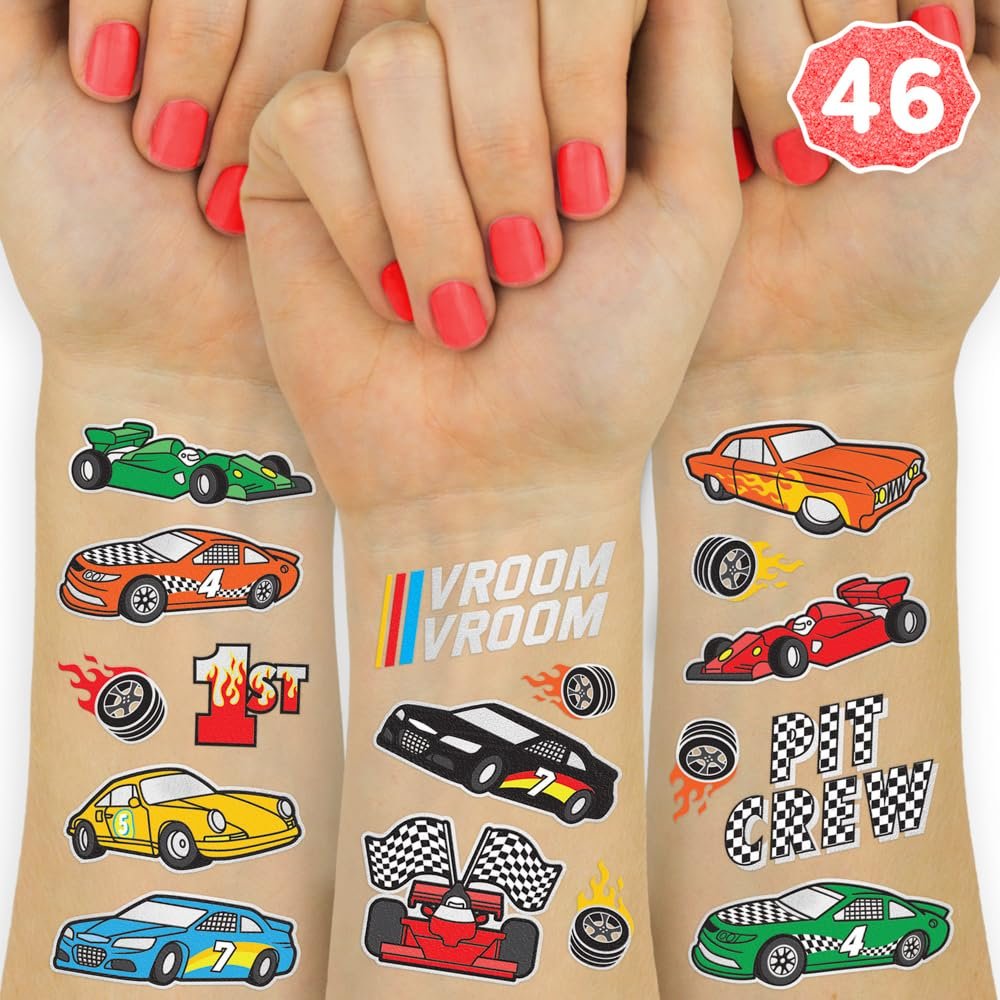 xo, Fetti Race Car Party Supplies Temporary Tattoos - 46 Foil Styles | Racecar Birthday, Pit Crew, Checkered Flags, Vroom, Wheels - görsel 2