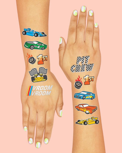 xo, Fetti Race Car Party Supplies Temporary Tattoos - 46 Foil Styles | Racecar Birthday, Pit Crew, Checkered Flags, Vroom, Wheels