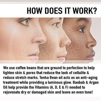ROOTS AND HERBS Crushed Coffee and Tonka Beans Exfoliating Body Scrub for Men & Women - Face, Foot Scrub for Dark Spots, Brightening Inner Thighs, Bikini Area, Underarms