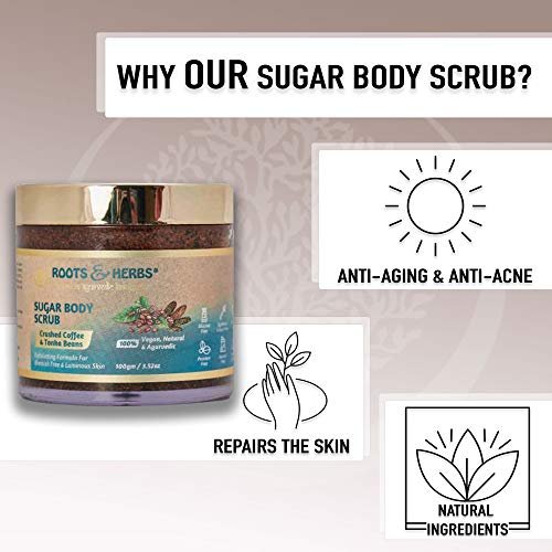 ROOTS AND HERBS Crushed Coffee and Tonka Beans Exfoliating Body Scrub for Men & Women - Face, Foot Scrub for Dark Spots, Brightening Inner Thighs, Bikini Area, Underarms - görsel 4