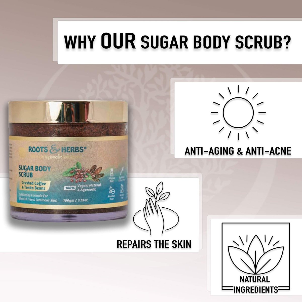 ROOTS AND HERBS Crushed Coffee and Tonka Beans Exfoliating Body Scrub for Men & Women - Face, Foot Scrub for Dark Spots, Brightening Inner Thighs, Bikini Area, Underarms - görsel 3