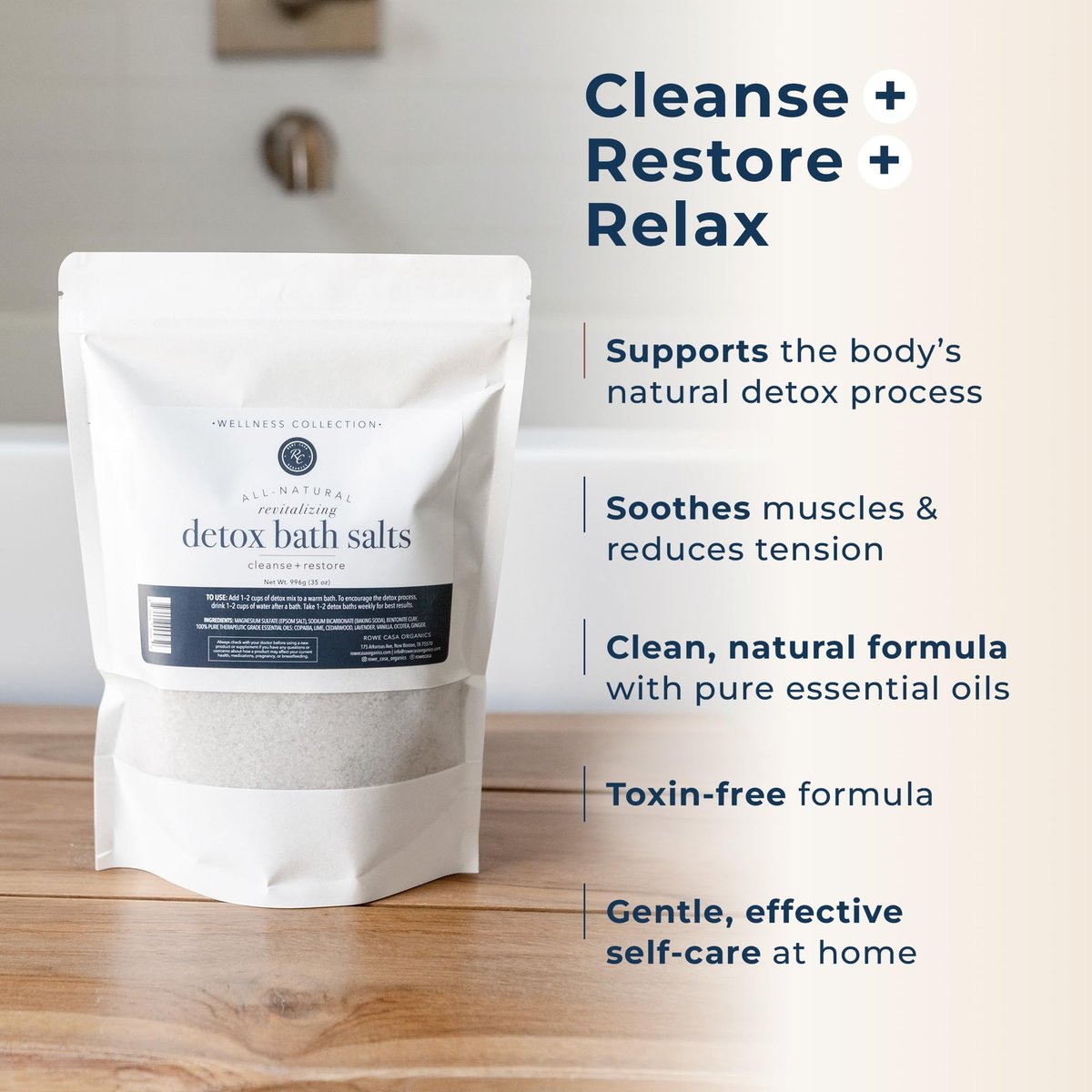 Rowe Casa Organics Detox Bath Salts with Magnesium and Bentonite Clay – 35 oz Natural Bath Soak for Body Cleanse, Restore, and Relaxation Avelisse