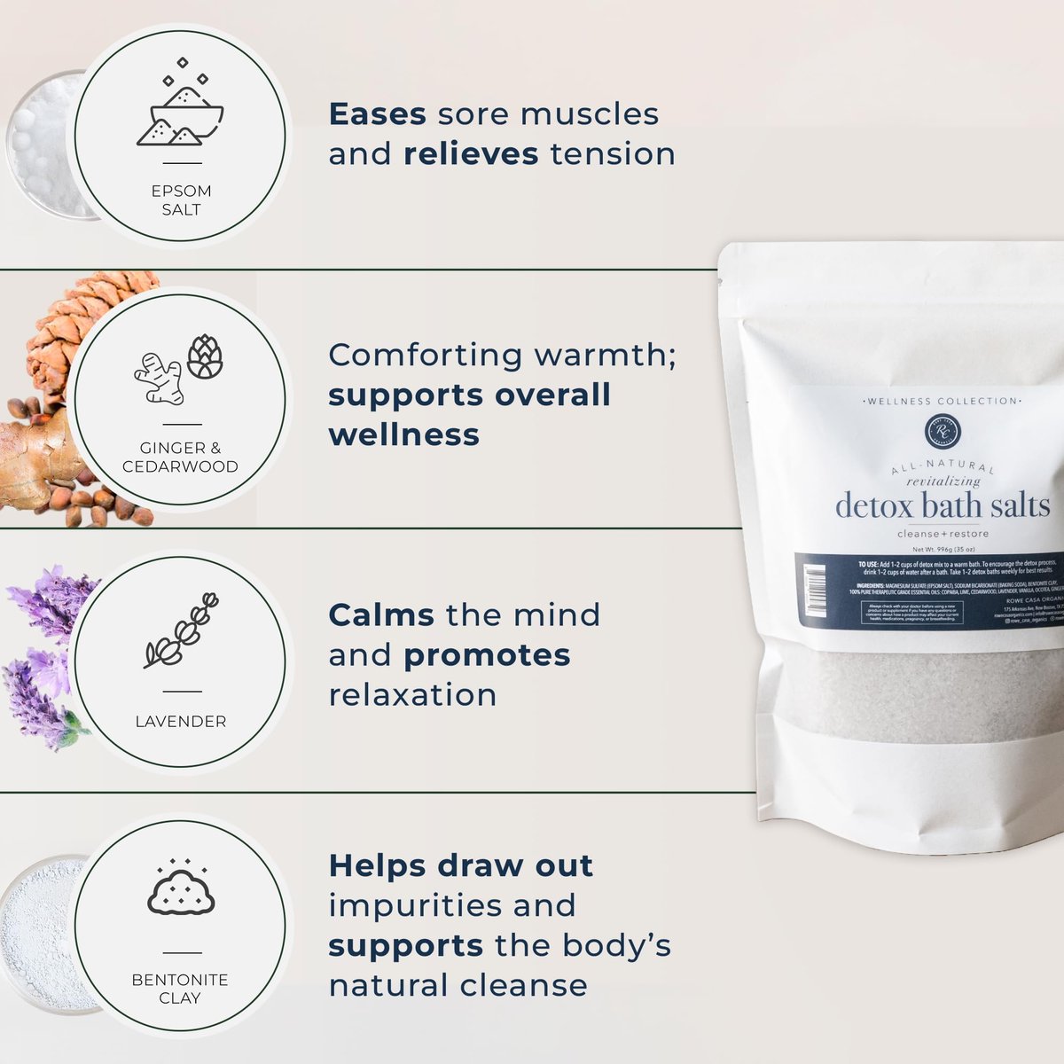 Rowe Casa Organics Detox Bath Salts with Magnesium and Bentonite Clay – 35 oz Natural Bath Soak for Body Cleanse, Restore, and Relaxation Avelisse