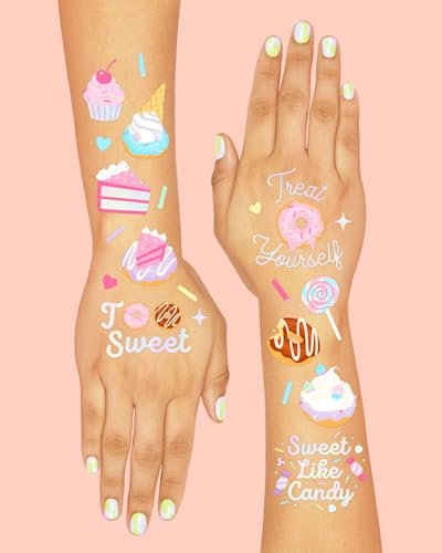 xo, Fetti Donut Temporary Tattoos - 50 Iridescent Styles for Sweet One Birthday, Two Sweet Cupcake Party, Sassy Six, Fourever Dessert Supplies, Cotton Candy Favors - görsel 8