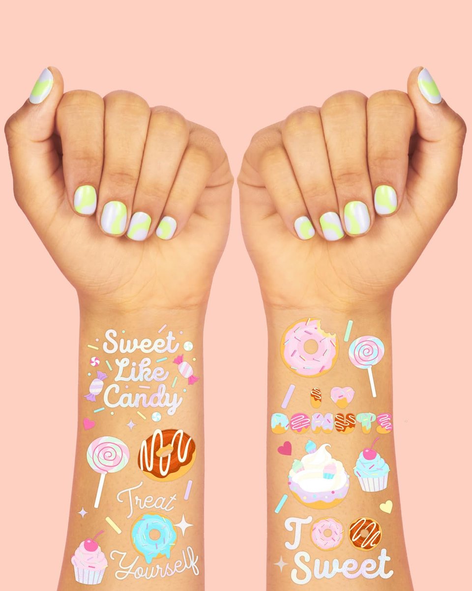 xo, Fetti Donut Temporary Tattoos - 50 Iridescent Styles for Sweet One Birthday, Two Sweet Cupcake Party, Sassy Six, Fourever Dessert Supplies, Cotton Candy Favors - görsel 5