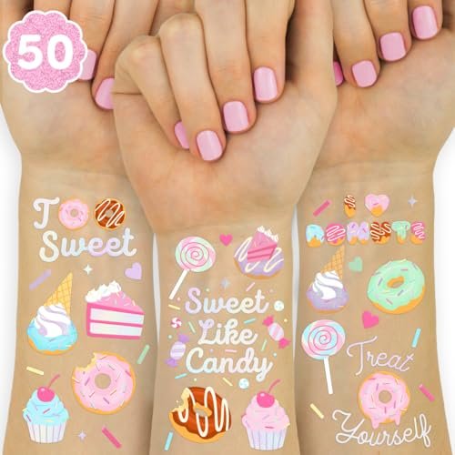 xo, Fetti Donut Temporary Tattoos - 50 Iridescent Styles for Sweet One Birthday, Two Sweet Cupcake Party, Sassy Six, Fourever Dessert Supplies, Cotton Candy Favors - görsel 2