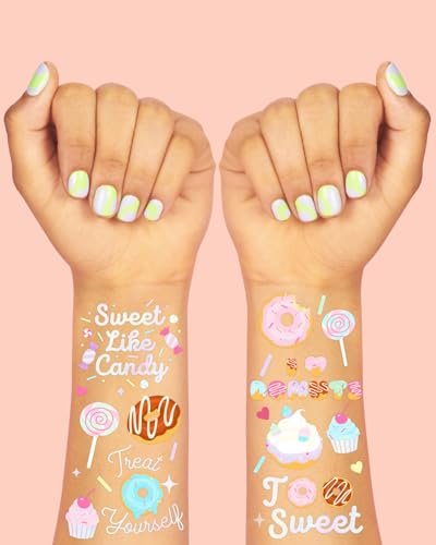 xo, Fetti Donut Temporary Tattoos - 50 Iridescent Styles for Sweet One Birthday, Two Sweet Cupcake Party, Sassy Six, Fourever Dessert Supplies, Cotton Candy Favors - görsel 6