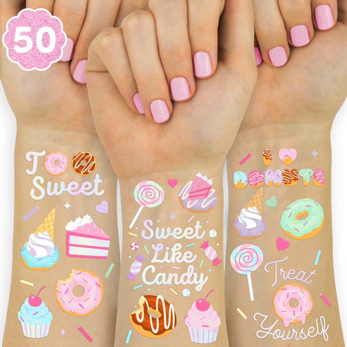 xo, Fetti Donut Temporary Tattoos - 50 Iridescent Styles for Sweet One Birthday, Two Sweet Cupcake Party, Sassy Six, Fourever Dessert Supplies, Cotton Candy Favors - görsel 1