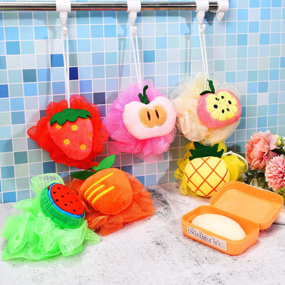 6-Piece Cute Fruit Bath Shower Sponge Loofahs - Colorful Mesh Pouf Set for Adults Avelisse