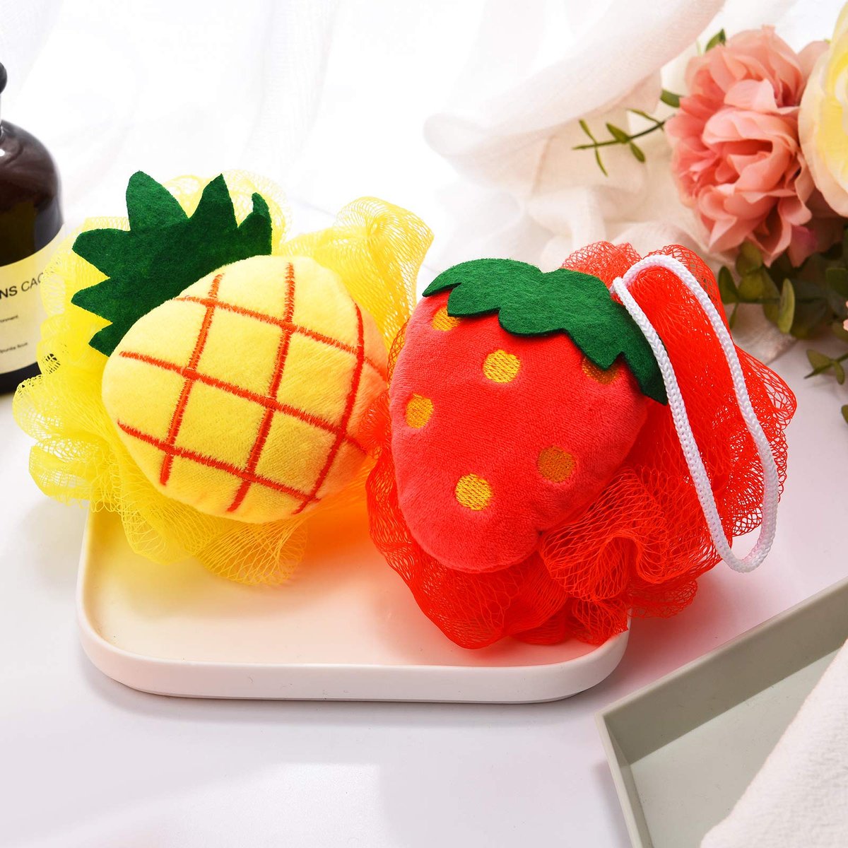 6-Piece Cute Fruit Bath Shower Sponge Loofahs - Colorful Mesh Pouf Set for Adults Avelisse