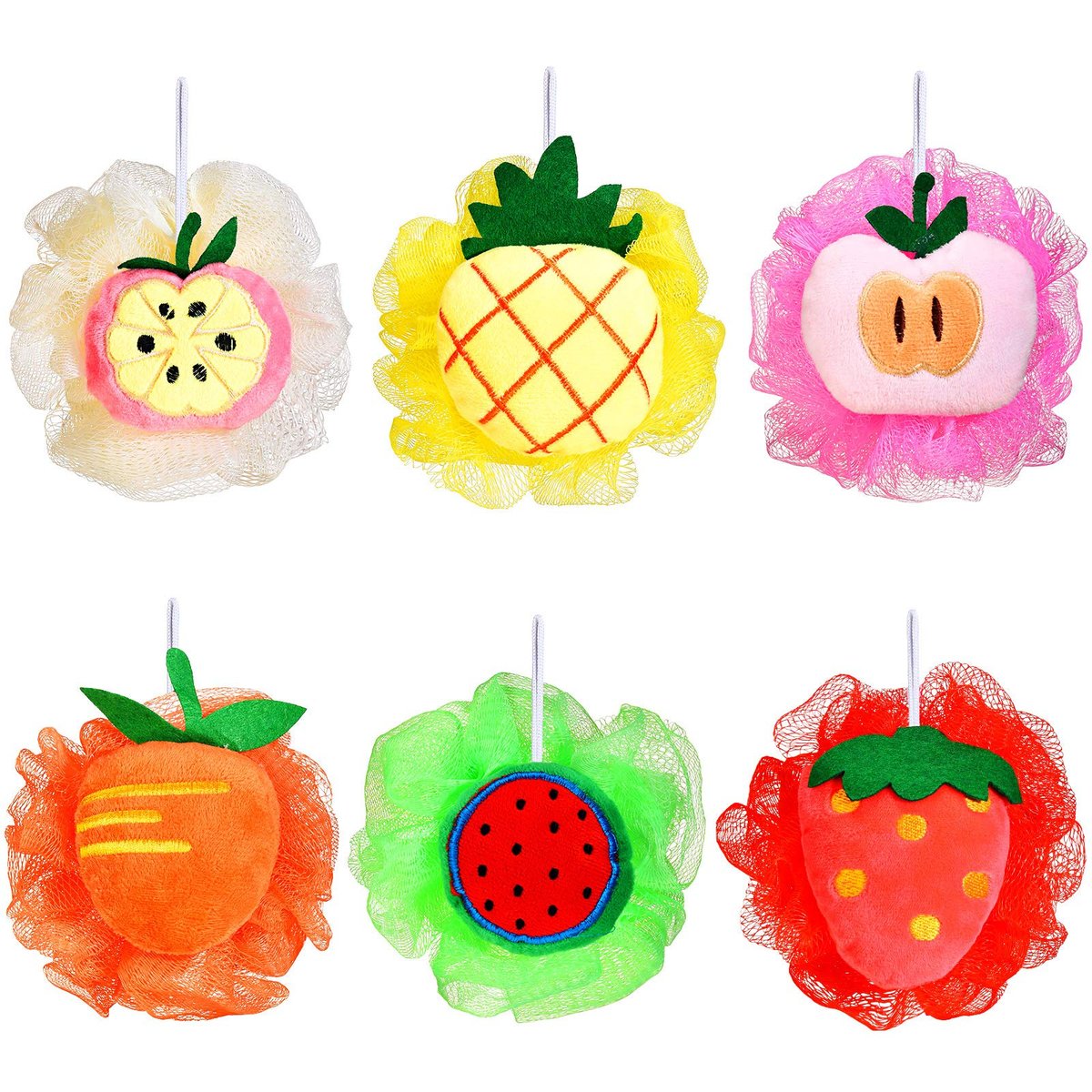 6-Piece Cute Fruit Bath Shower Sponge Loofahs - Colorful Mesh Pouf Set for Adults Avelisse