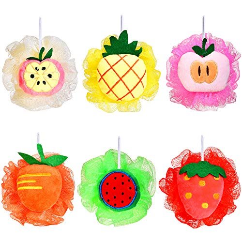 6-Piece Cute Fruit Bath Shower Sponge Loofahs - Colorful Mesh Pouf Set for Adults Avelisse