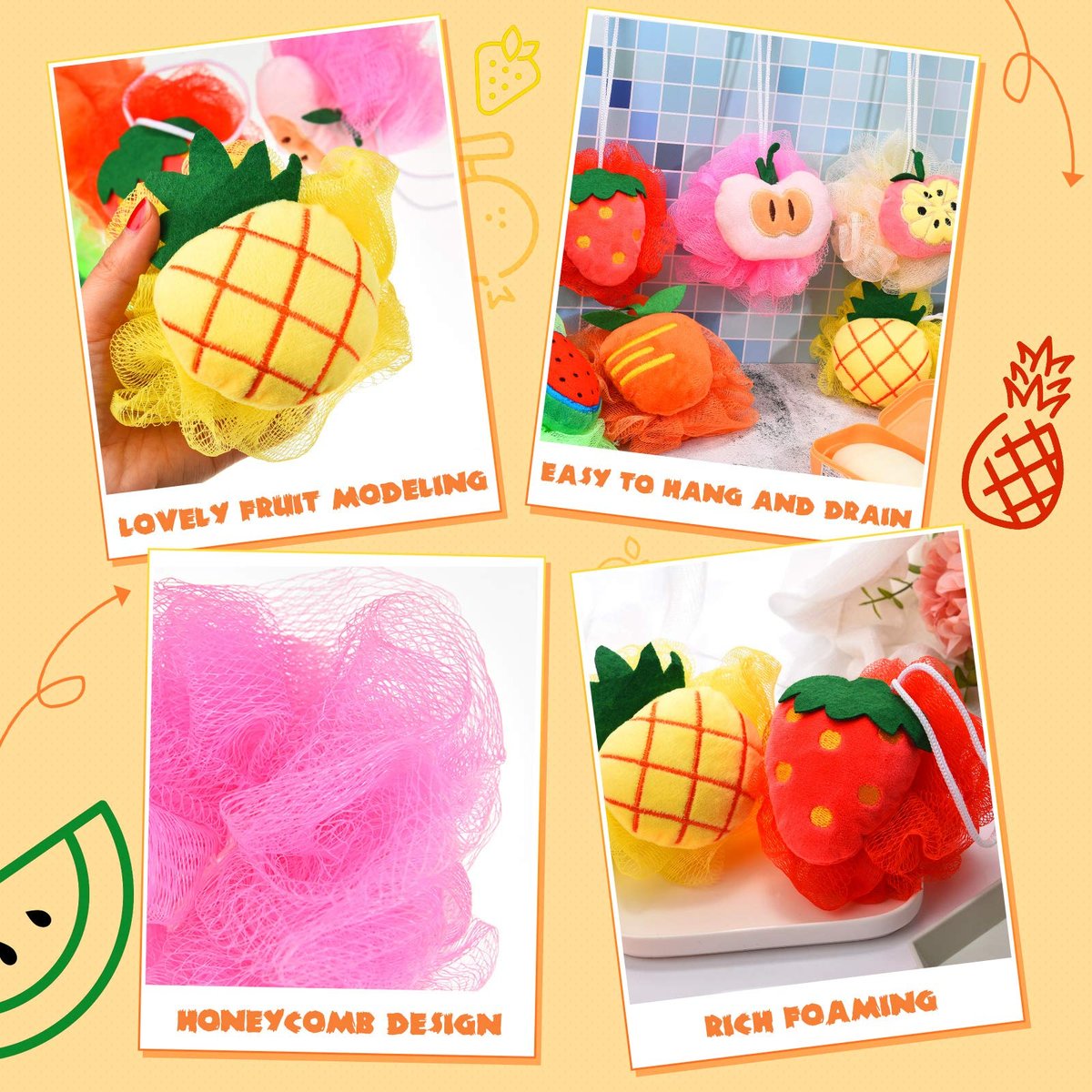 6-Piece Cute Fruit Bath Shower Sponge Loofahs - Colorful Mesh Pouf Set for Adults Avelisse