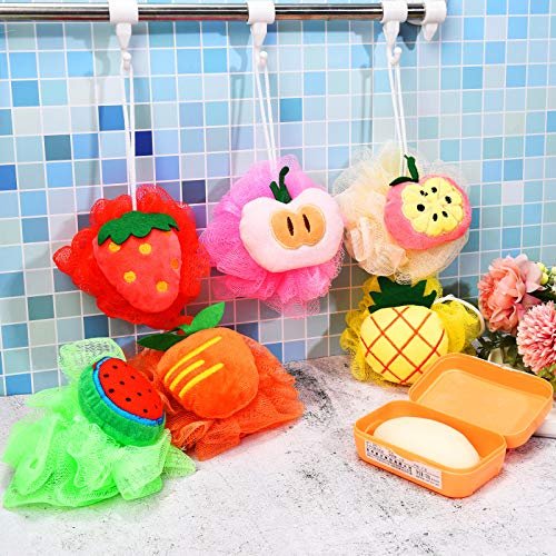 6-Piece Cute Fruit Bath Shower Sponge Loofahs - Colorful Mesh Pouf Set for Adults Avelisse
