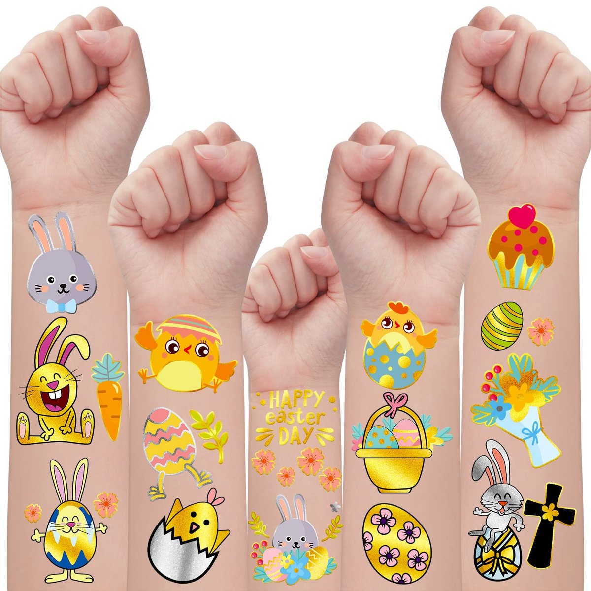 34 Metallic Glitter Easter Temporary Tattoos for Kids – Party Favors & Egg Decorations - görsel 1