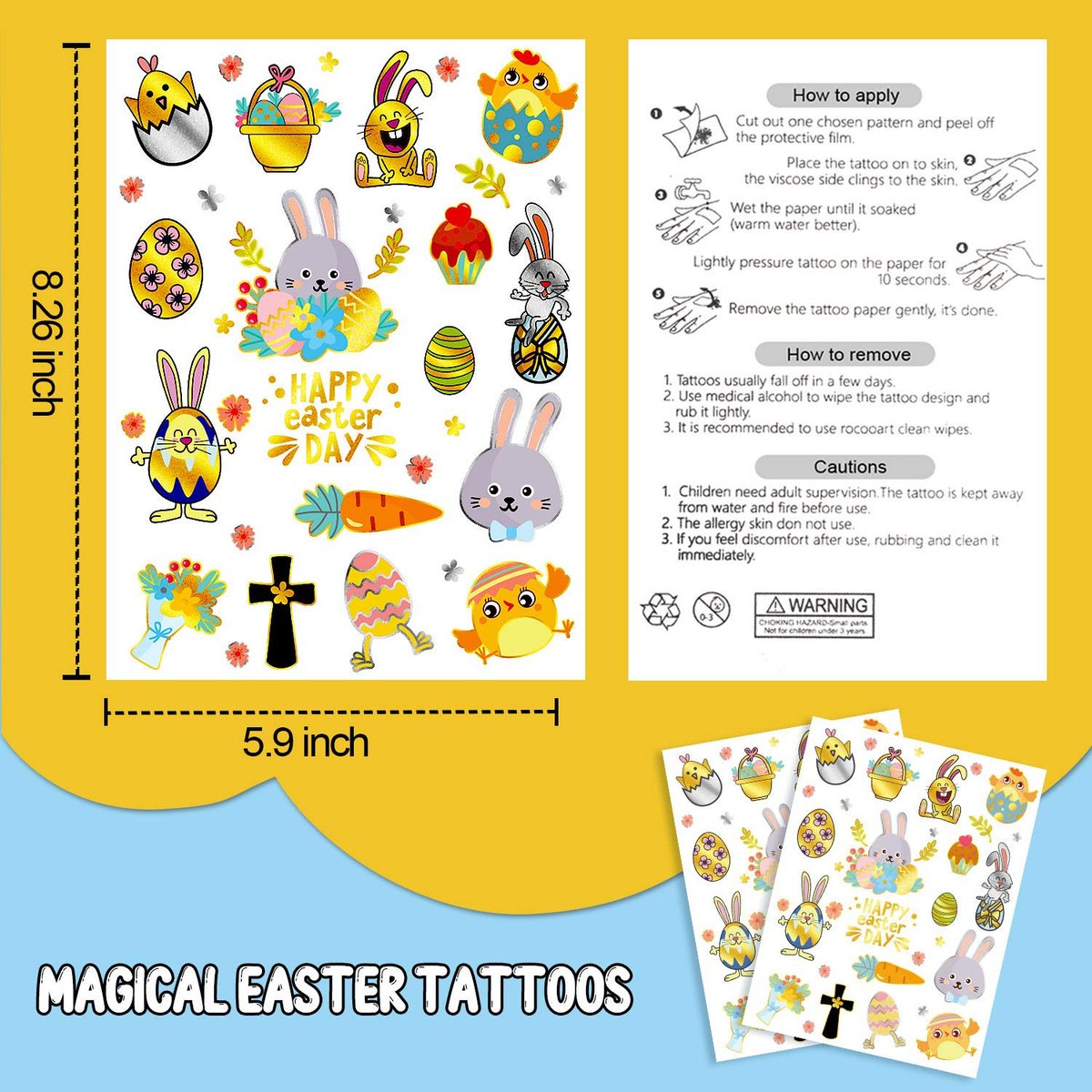 34 Metallic Glitter Easter Temporary Tattoos for Kids – Party Favors & Egg Decorations - görsel 11