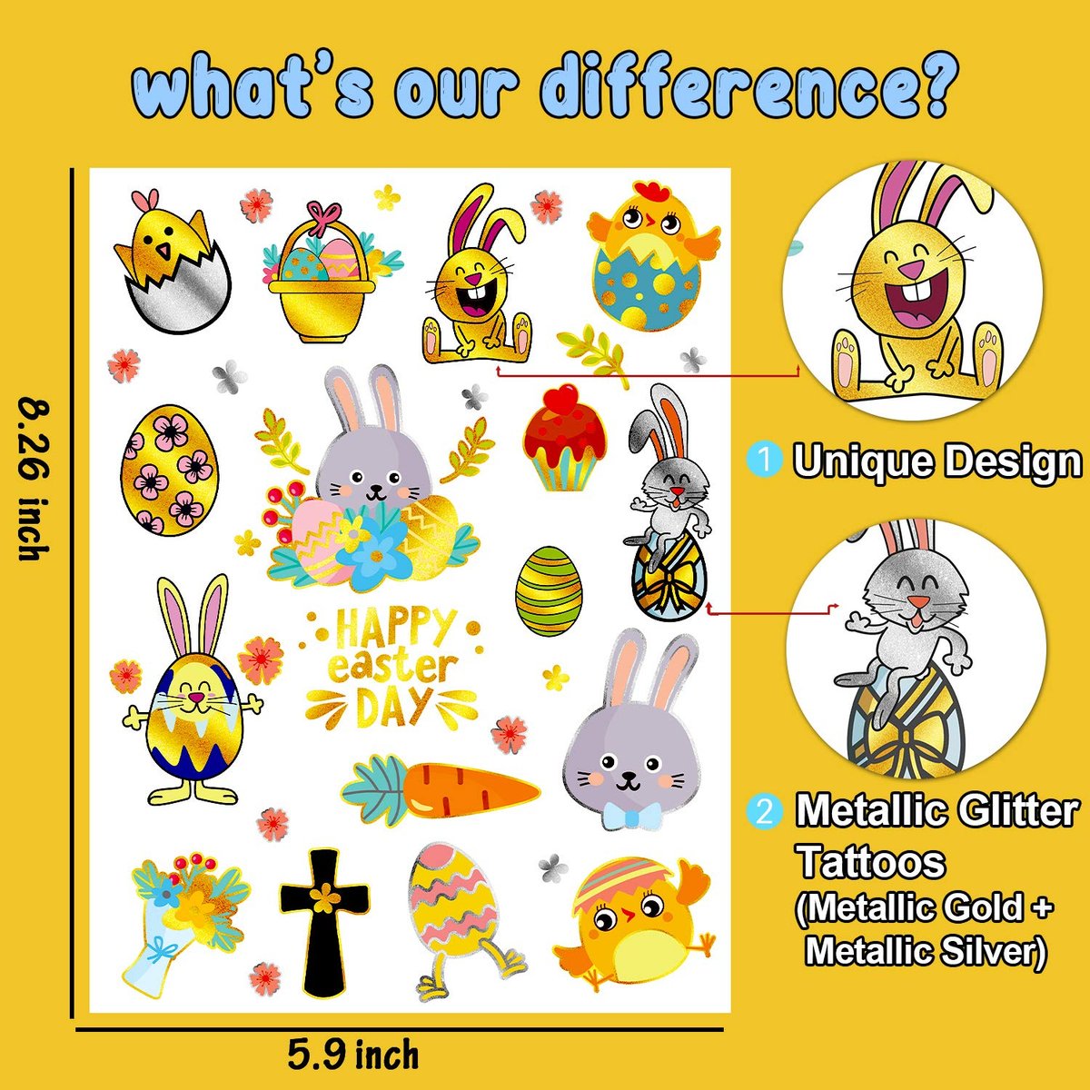 34 Metallic Glitter Easter Temporary Tattoos for Kids – Party Favors & Egg Decorations - görsel 3
