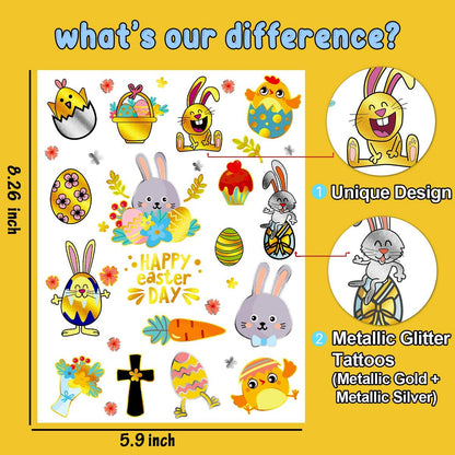 34 Metallic Glitter Easter Temporary Tattoos for Kids – Party Favors & Egg Decorations