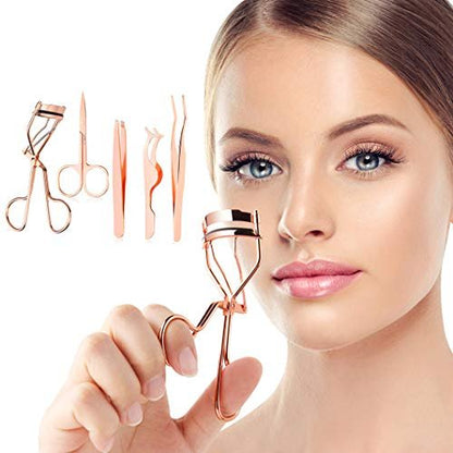 Arroyner 5-Piece Eyelash Applicator Tool Set - Rose Golden False Eyelashes Applicator, Eyebrow Curler & Scissors