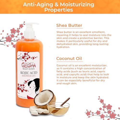 OMIC Geisha Kojic Acid Skin Brightening Body Wash – 33 Fl oz (1000 ml) – Even Out Skin Tone, Radiance Face and Body Shower Gel with Coconut Oil and Shea Butter Avelisse