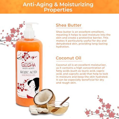 OMIC Geisha Kojic Acid Skin Brightening Body Wash – 33 Fl oz (1000 ml) – Even Out Skin Tone, Radiance Face and Body Shower Gel with Coconut Oil and Shea Butter Avelisse