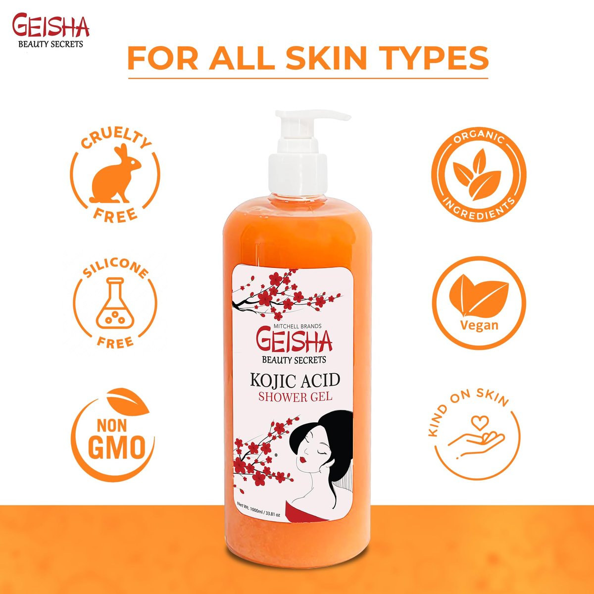 OMIC Geisha Kojic Acid Skin Brightening Body Wash – 33 Fl oz (1000 ml) – Even Out Skin Tone, Radiance Face and Body Shower Gel with Coconut Oil and Shea Butter Avelisse