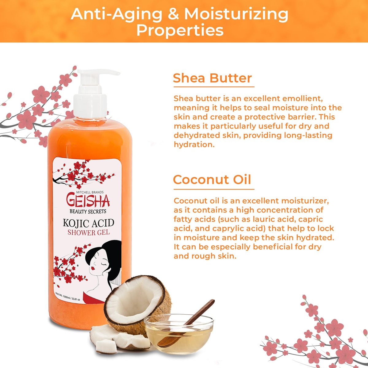 OMIC Geisha Kojic Acid Skin Brightening Body Wash – 33 Fl oz (1000 ml) – Even Out Skin Tone, Radiance Face and Body Shower Gel with Coconut Oil and Shea Butter Avelisse