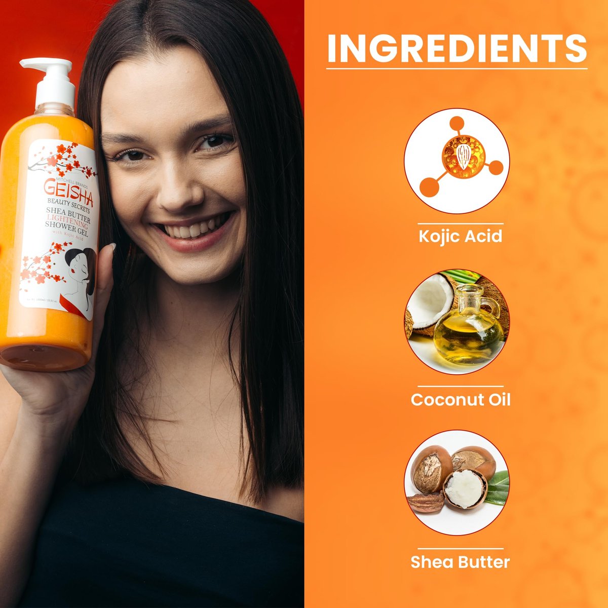 OMIC Geisha Kojic Acid Skin Brightening Body Wash – 33 Fl oz (1000 ml) – Even Out Skin Tone, Radiance Face and Body Shower Gel with Coconut Oil and Shea Butter Avelisse