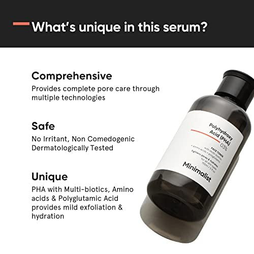 Minimalist 3% PHA Alcohol Free Hydrating Face Toner for Pore Tightening | Mild Exfoliation, pH Balancing & Rebalancing Skin Microbiome | for Women & Men | 5 Fl Oz / 150 ml Avelisse
