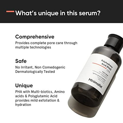 Minimalist 3% PHA Alcohol Free Hydrating Face Toner for Pore Tightening | Mild Exfoliation, pH Balancing & Rebalancing Skin Microbiome | for Women & Men | 5 Fl Oz / 150 ml Avelisse
