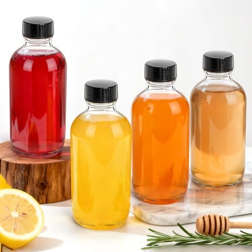 Bekith 24 Pack Clear Boston Round Glass Bottles with Black Poly Cone Caps - 4 oz Sample Bottles for Juice, Ginger Shots, Oils, Whiskey, and Liquids Avelisse