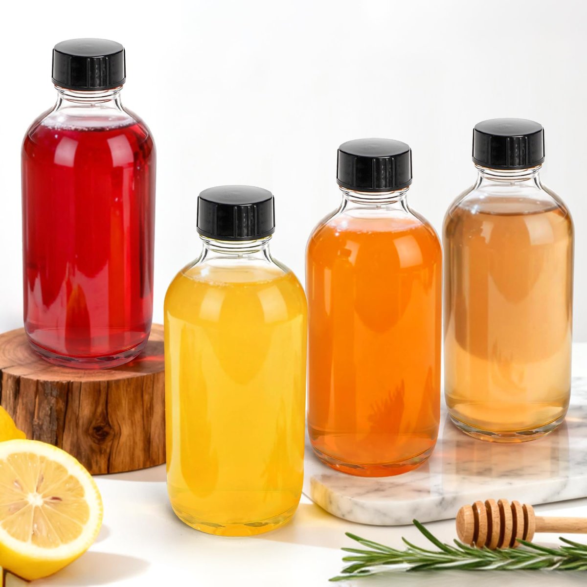 Bekith 24 Pack Clear Boston Round Glass Bottles with Black Poly Cone Caps - 4 oz Sample Bottles for Juice, Ginger Shots, Oils, Whiskey, and Liquids Avelisse