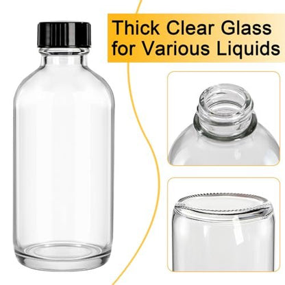 Bekith 24 Pack Clear Boston Round Glass Bottles with Black Poly Cone Caps - 4 oz Sample Bottles for Juice, Ginger Shots, Oils, Whiskey, and Liquids Avelisse