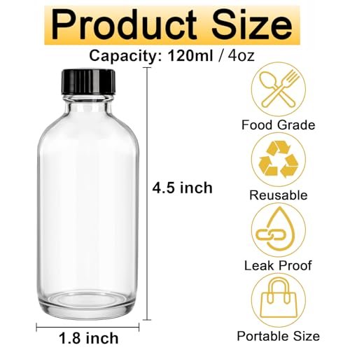 Bekith 24 Pack Clear Boston Round Glass Bottles with Black Poly Cone Caps - 4 oz Sample Bottles for Juice, Ginger Shots, Oils, Whiskey, and Liquids Avelisse