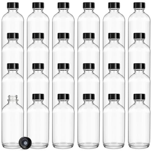 Bekith 24 Pack Clear Boston Round Glass Bottles with Black Poly Cone Caps - 4 oz Sample Bottles for Juice, Ginger Shots, Oils, Whiskey, and Liquids Avelisse