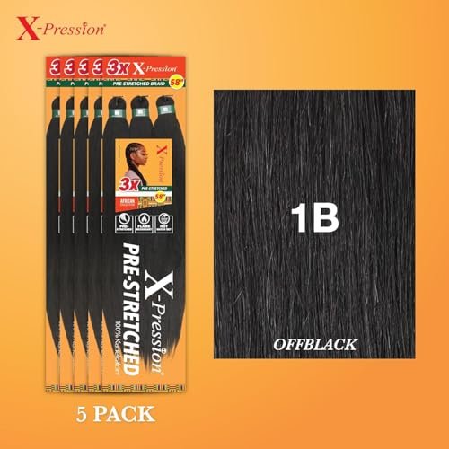 Sensationnel XPRESSION 3X Pre-Stretched Braid 58 inches (5-Pack, 1B Off Black) Avelisse