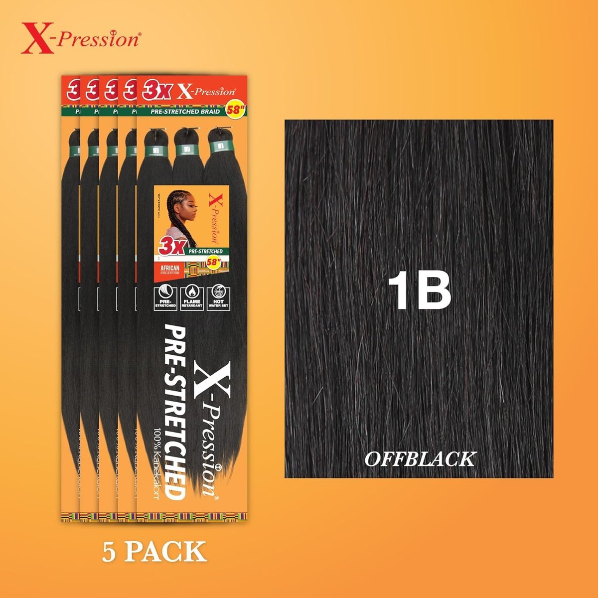 Sensationnel XPRESSION 3X Pre-Stretched Braid 58 inches (5-Pack, 1B Off Black) Avelisse