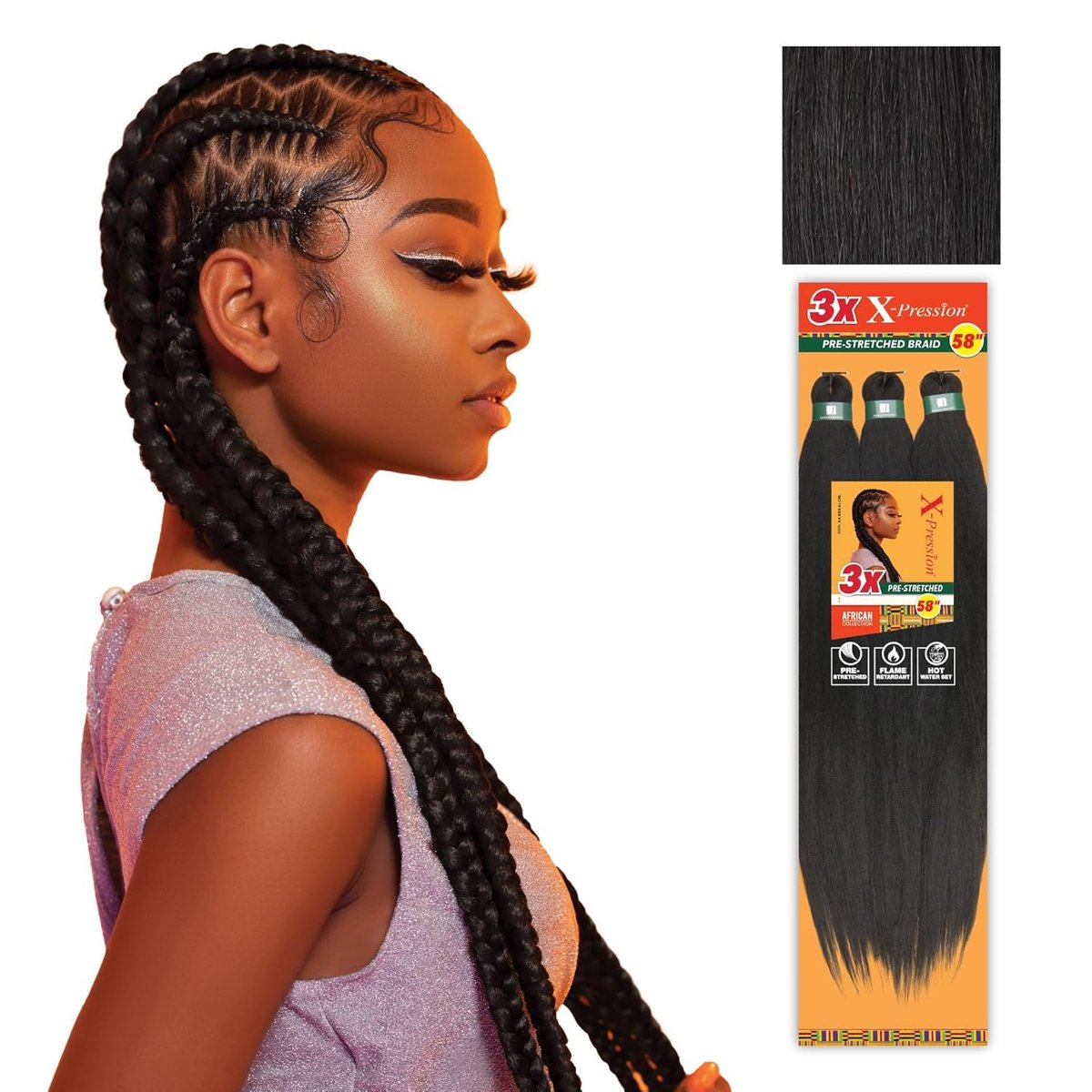 Sensationnel XPRESSION 3X Pre-Stretched Braid 58 inches (5-Pack, 1B Off Black) Avelisse