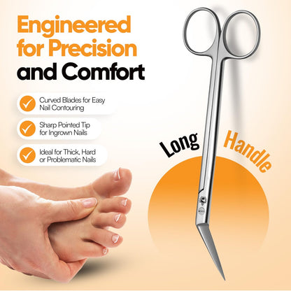 Long Handle Toenail Scissors - 6" Stainless Steel Nail Clippers for Seniors, Podiatrist Manicure Pedicure, Ingrown Toe Nails & Fingernail Cuticle Trimmer - Krisp Beauty