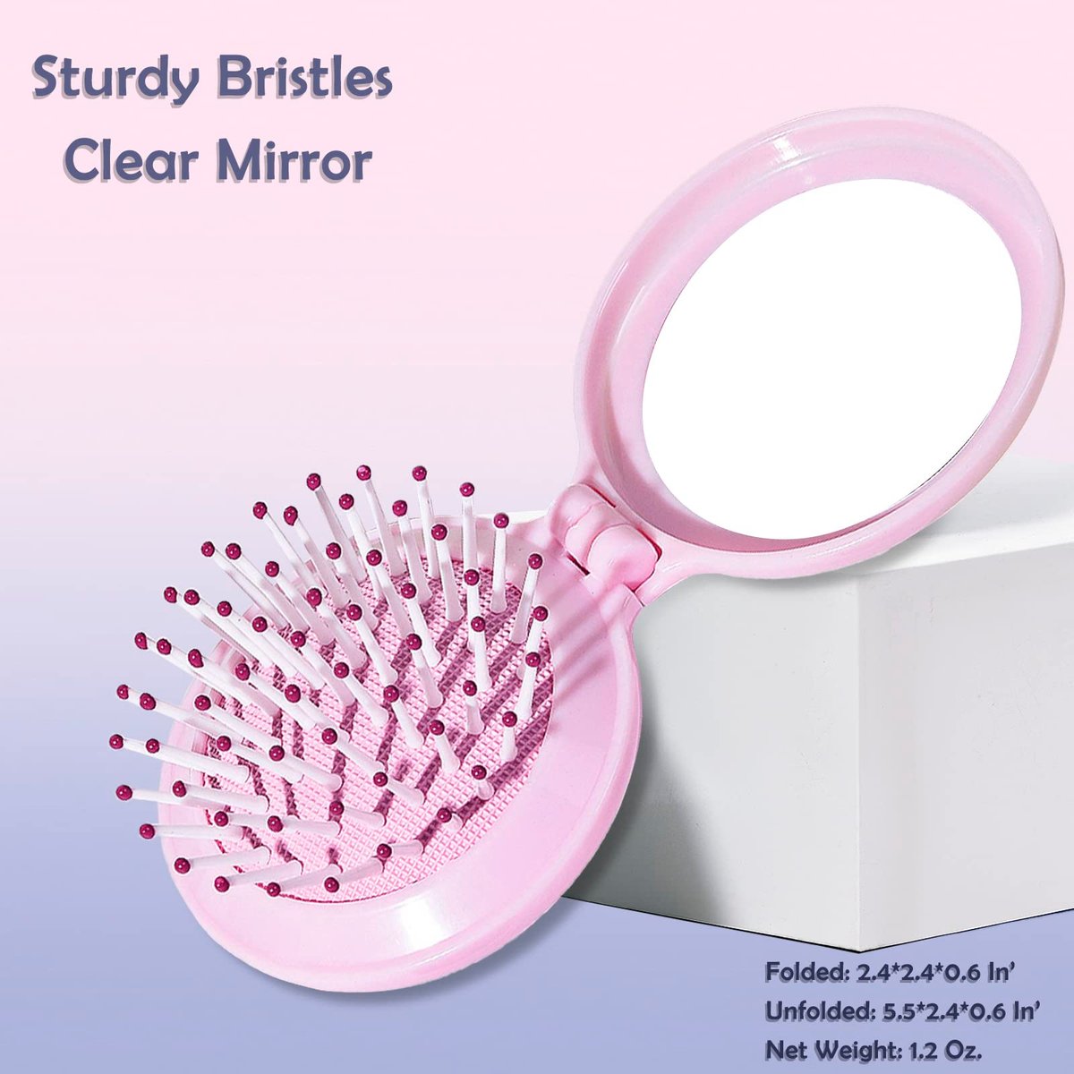 Trikeel Mini Folding Hair Brush with Mirror – Compact Travel Size Pop Up Pocket Brush for Purse or Backpack (Pink) - görsel 3
