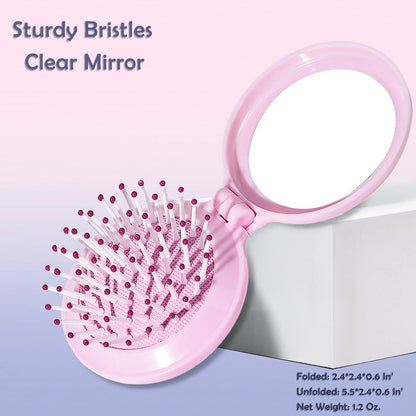 Trikeel Mini Folding Hair Brush with Mirror – Compact Travel Size Pop Up Pocket Brush for Purse or Backpack (Pink)