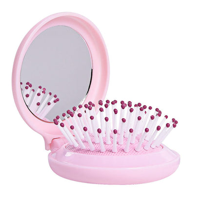 Trikeel Mini Folding Hair Brush with Mirror – Compact Travel Size Pop Up Pocket Brush for Purse or Backpack (Pink)