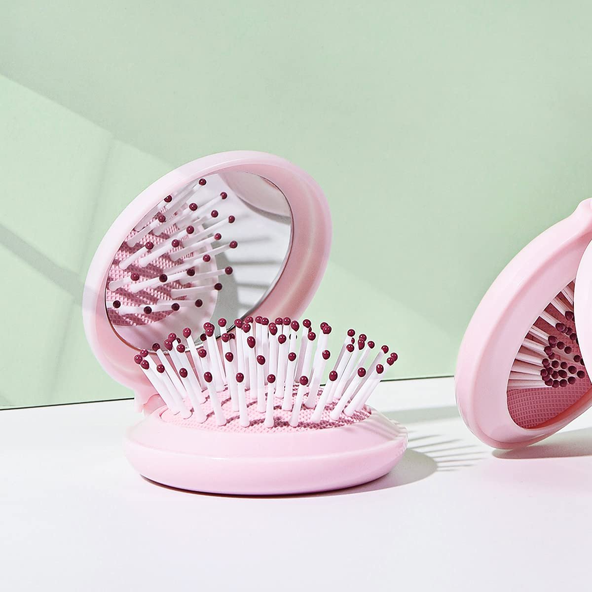 Trikeel Mini Folding Hair Brush with Mirror – Compact Travel Size Pop Up Pocket Brush for Purse or Backpack (Pink) - görsel 9