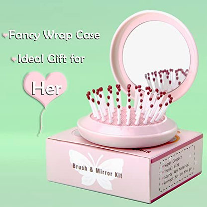 Trikeel Mini Folding Hair Brush with Mirror – Compact Travel Size Pop Up Pocket Brush for Purse or Backpack (Pink)