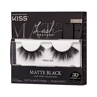 KISS Lash Couture Matte Black Faux Mink False Eyelashes - 14mm 3D Volume, Soft Matte Finish - Style 'Matte Silk' - 1 Pair