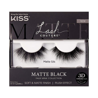 KISS Lash Couture Matte Black Faux Mink False Eyelashes - 14mm 3D Volume, Soft Matte Finish - Style 'Matte Silk' - 1 Pair