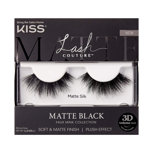 KISS Lash Couture Matte Black Faux Mink False Eyelashes - 14mm 3D Volume, Soft Matte Finish - Style 'Matte Silk' - 1 Pair