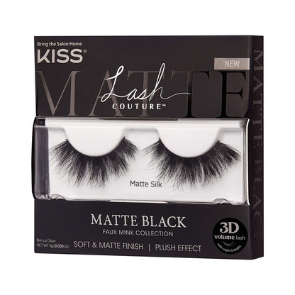 KISS Lash Couture Matte Black Faux Mink False Eyelashes - 14mm 3D Volume, Soft Matte Finish - Style 'Matte Silk' - 1 Pair