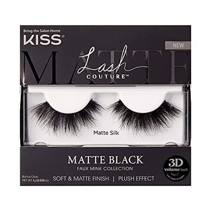 KISS Lash Couture Matte Black Faux Mink False Eyelashes - 14mm 3D Volume, Soft Matte Finish - Style 'Matte Silk' - 1 Pair